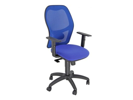 Seduta operativa con schienale in rete e braccioli blu